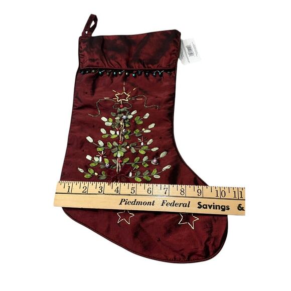 Elegant Dark Red Satin Ribbon Embroidered Christmas Stocking Tree Embellished - Picture 6 of 7